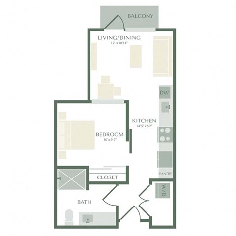 Floor plan for 1 bed, 1 bath, 538 sqft